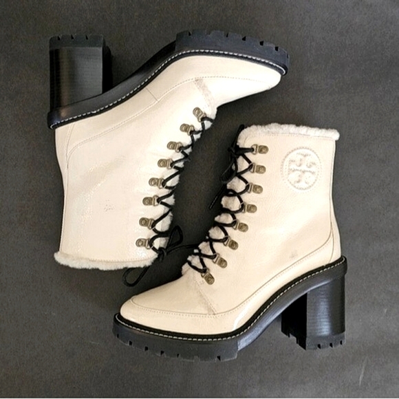 Tory Burch Miller Shearling Lug Sole Bootie Boots SPAIN Brie Leather Fur Lining - Picture 7 of 12